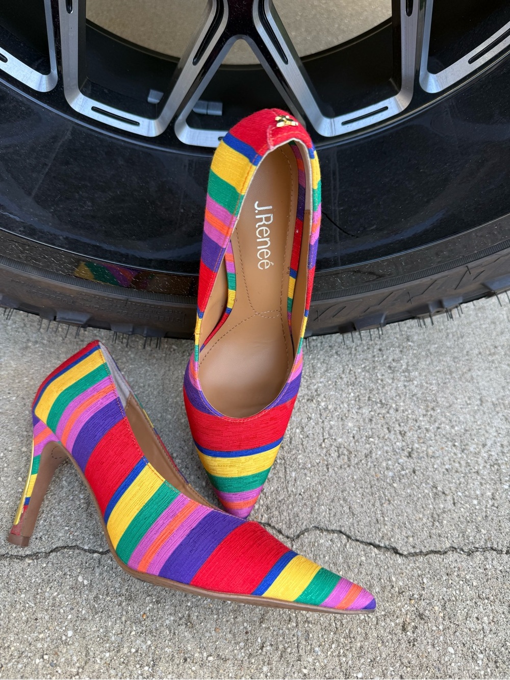 J.René Multicolor Striped Pointed Pump in Red, Yellow, Green, Purple, Pink